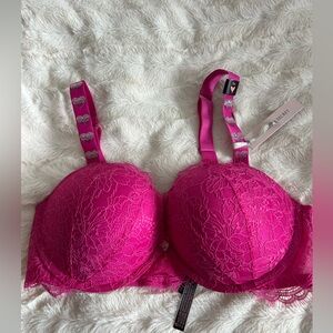 Victoria's Secret Hot Pink Lace Bra with Ombré Rhinestone Heart Straps